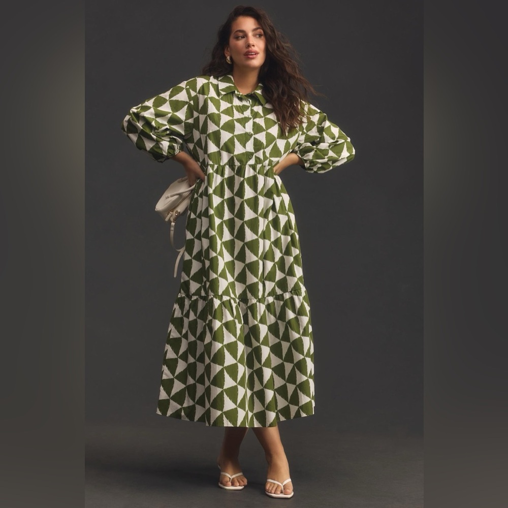 Maeve Green and White Geometric Midi Dress